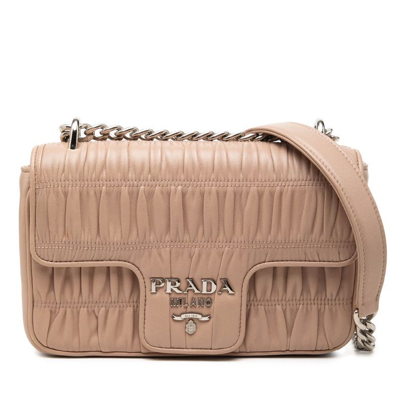 Prada Logo Chain Shoulder Bag Beige Leather