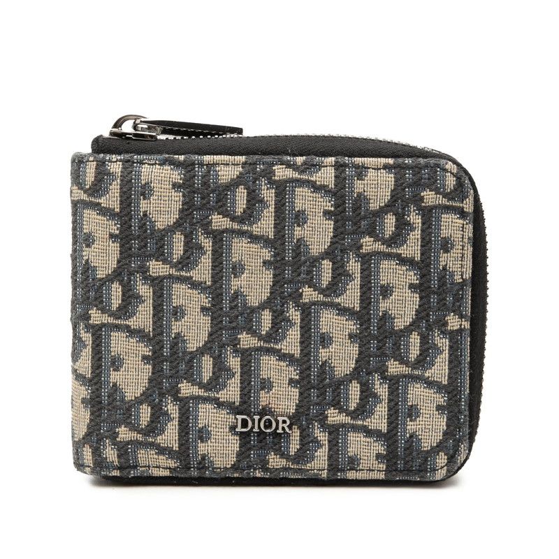 Dior Oblique Round Zip Wallet Bifold Beige Navy Canvas