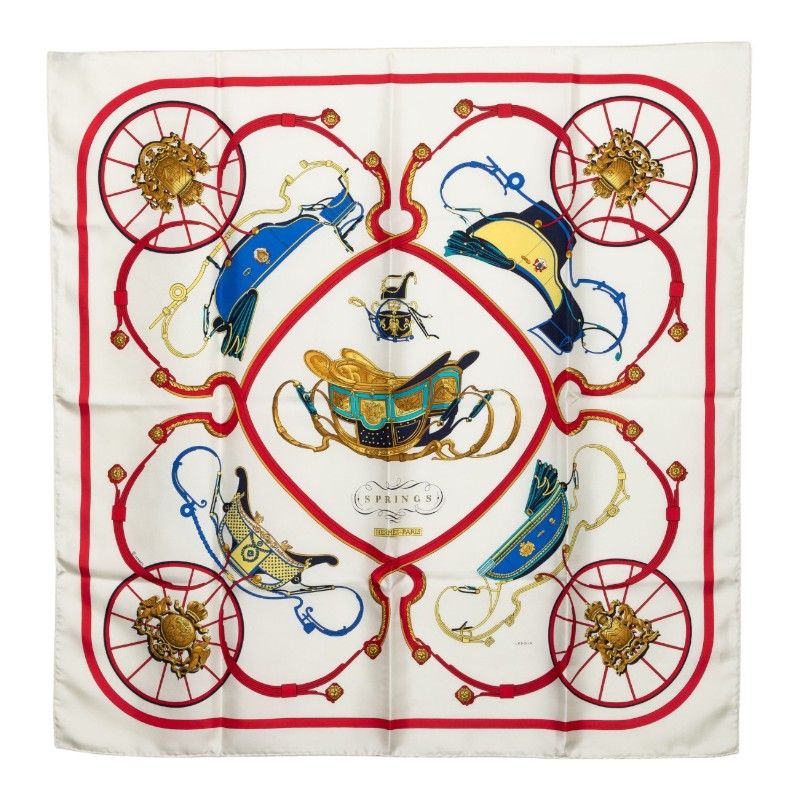 Hermes Carre 90 Spring Scarf Large White Multicolor Silk
