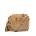 Chanel Quilted CC Logo Fringe Chain Shoulder Bag Crossbody Beige Lambskin