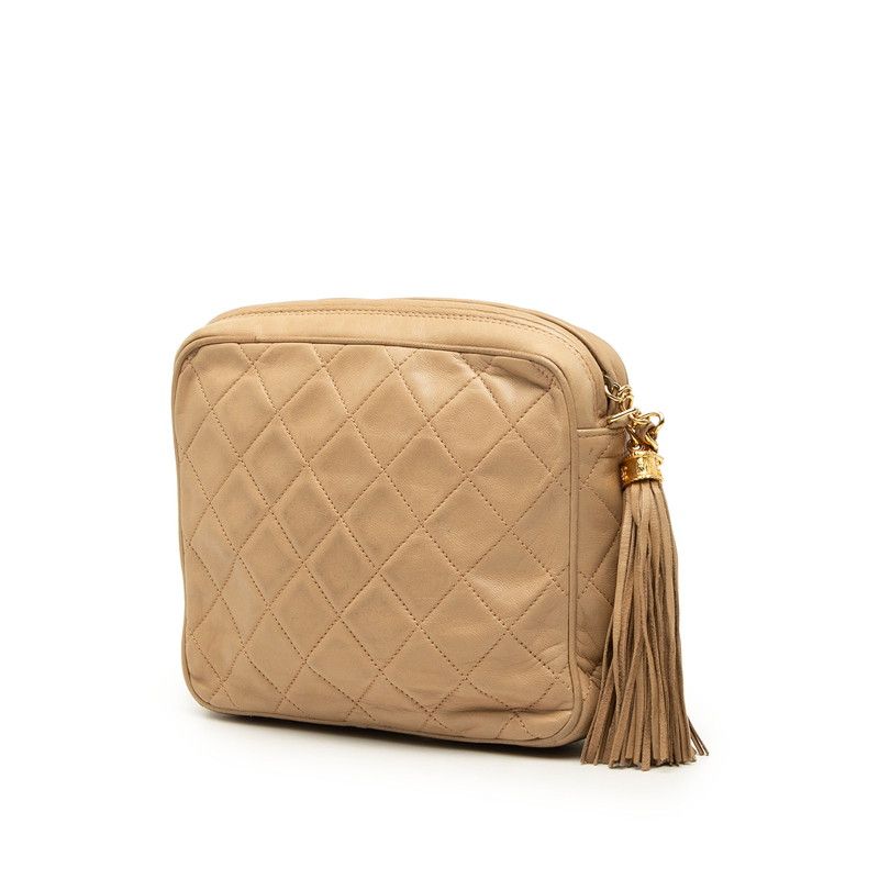 Chanel Quilted CC Logo Fringe Chain Shoulder Bag Crossbody Beige Lambskin — view 2