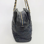 Chanel Camellia CC Logo Embossed Chain Tote Shoulder Bag Leather Navy Gold Seal — view 4