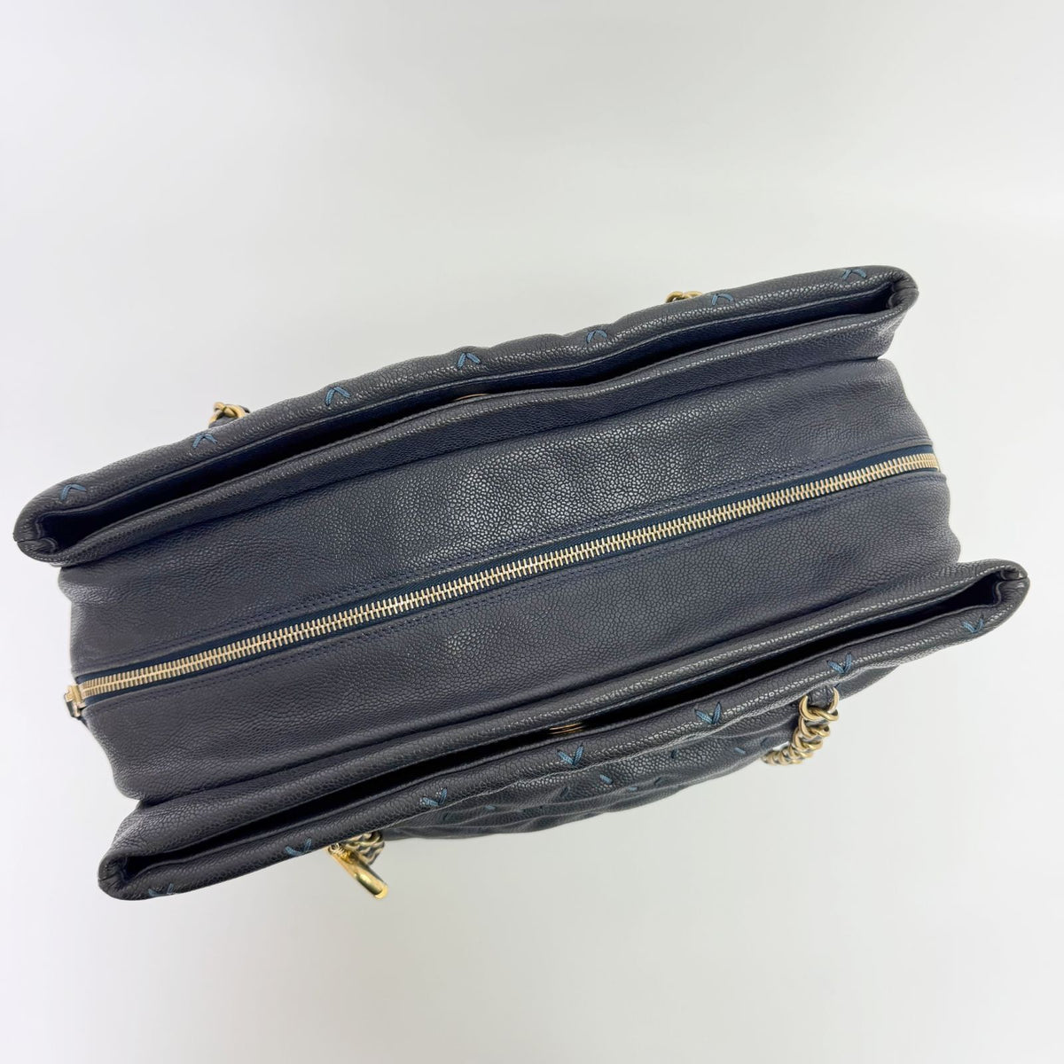 Chanel Camellia CC Logo Embossed Chain Tote Shoulder Bag Leather Navy Gold Seal — view 6
