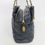 Chanel Camellia CC Logo Embossed Chain Tote Shoulder Bag Leather Navy Gold Seal — view 5