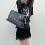 Chanel Camellia CC Logo Embossed Chain Tote Shoulder Bag Leather Navy Gold Seal