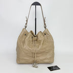 Chanel on the Road Quilted Bucket Shoulder Bag Leather Beige Silver Seal Vintage