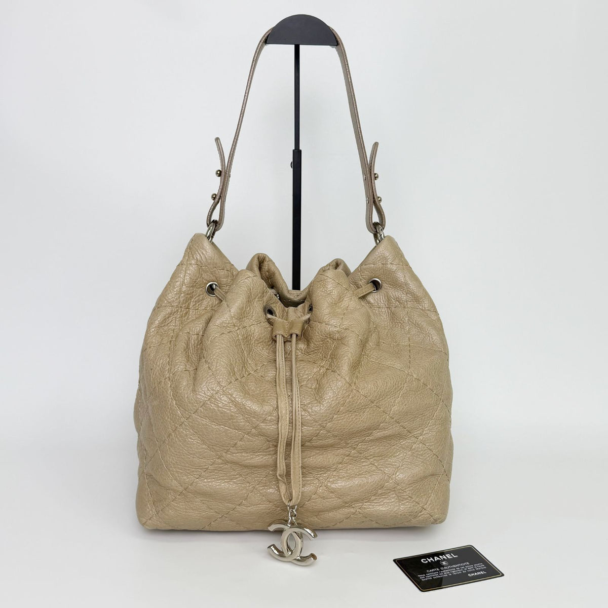 Chanel on the Road Quilted Bucket Shoulder Bag Leather Beige Silver Seal Vintage