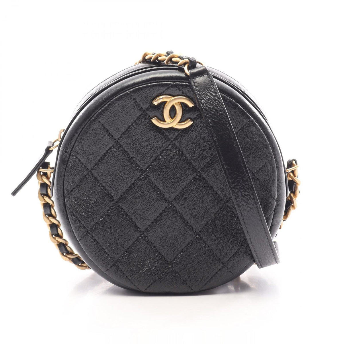 Chanel Shoulder Bag Quilted Round Mini Black Leather Chain