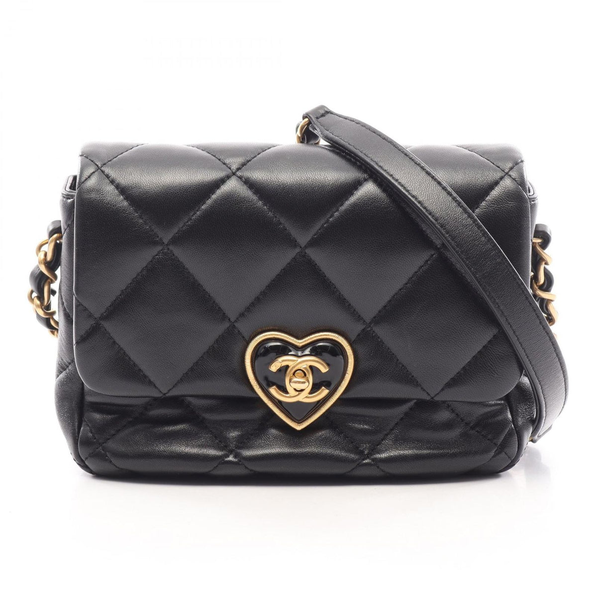Chanel Shoulder Bag Quilted Heart Lock Black Lambskin Small Chain