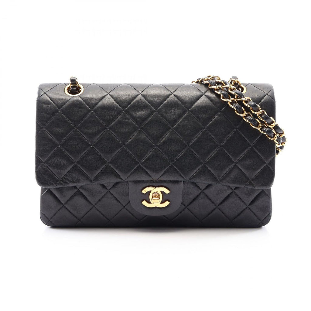 Chanel Shoulder Bag Quilted Double Flap Black Lambskin Chain