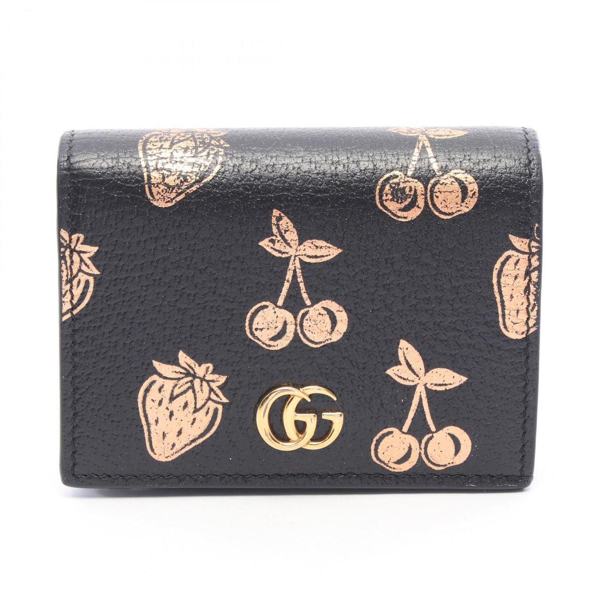 Gucci Bifold Wallet Petit Marmont GG Fruit Pattern Black Pink Gold Leather