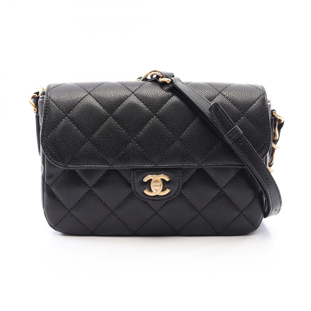 Chanel Shoulder Bag Quilted Flap Black Caviar Leather Chain