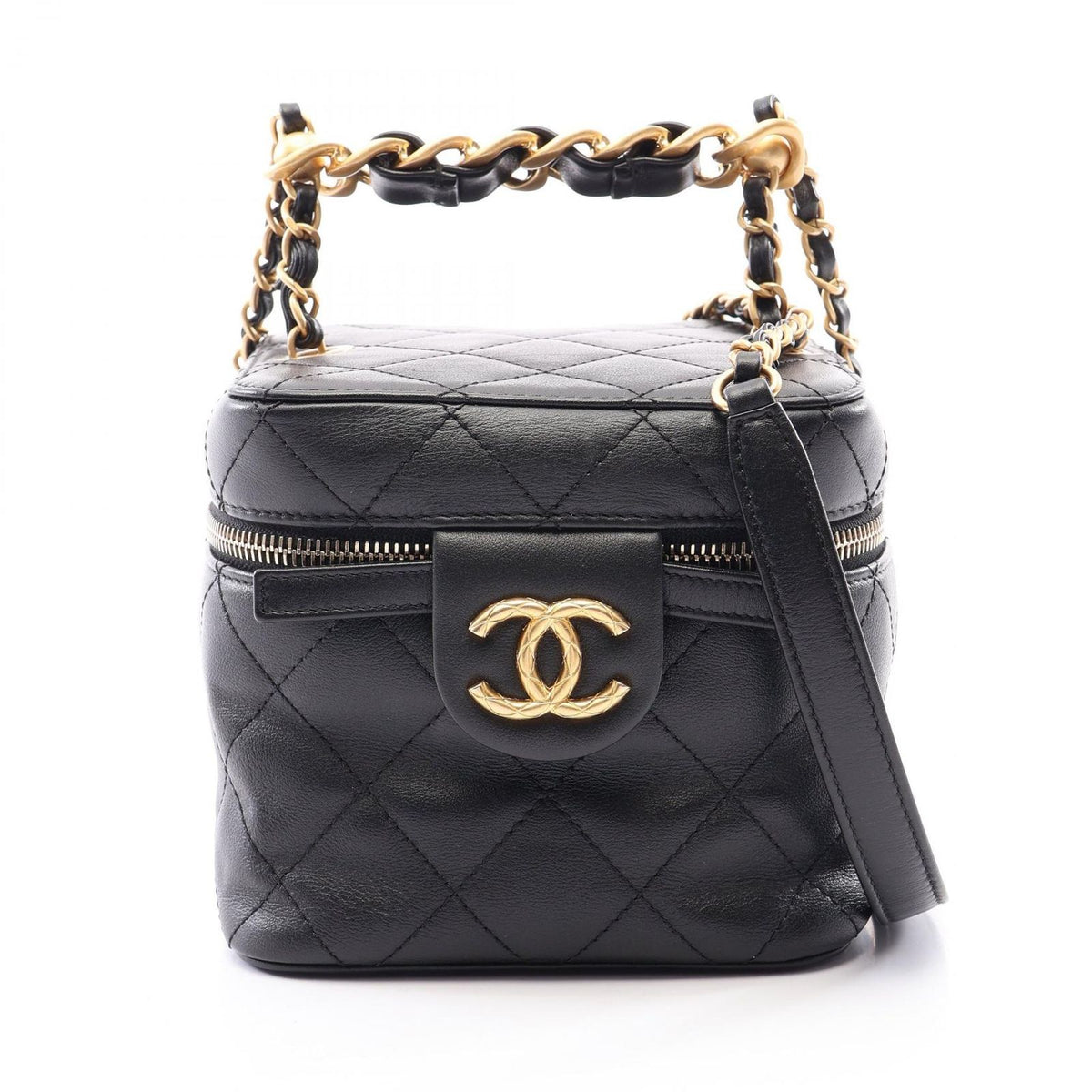 Chanel Shoulder Bag Quilted Vanity 2-Way Black Lambskin Small Chain