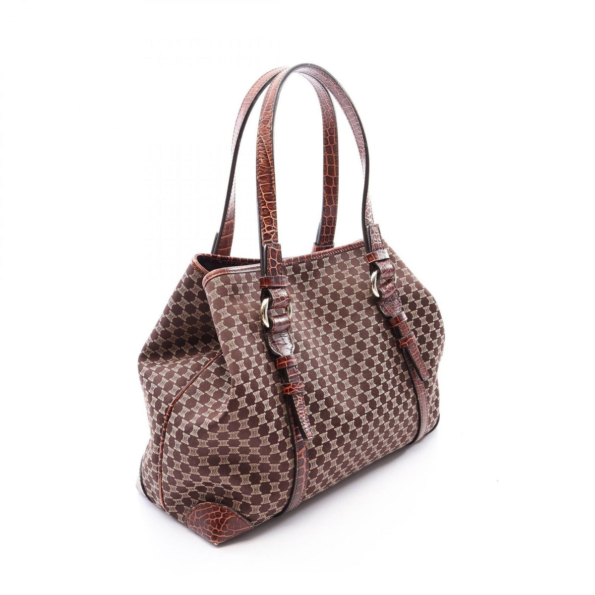 Celine Tote Macadam Croco Embossed Dark Brown Beige Canvas Leather — view 2