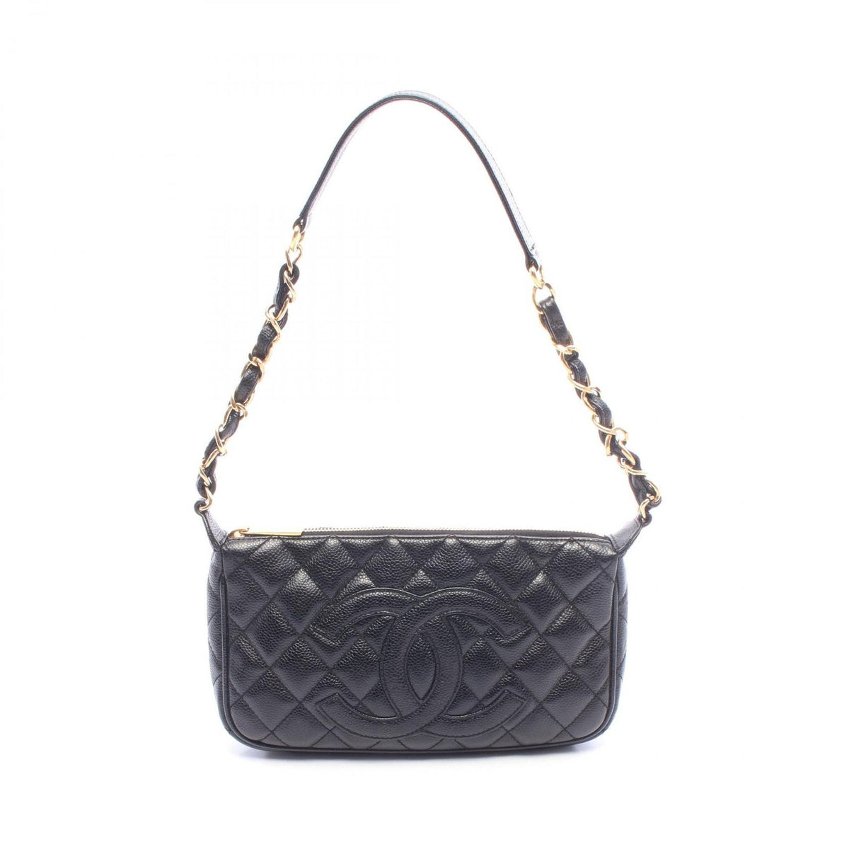 Chanel Shoulder Bag Quilted Black Caviar Leather CC Logo Chain
