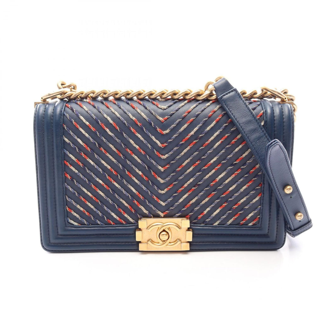 Chanel Shoulder Bag Boy Chevron V-stitch Blue Red White Leather Chain