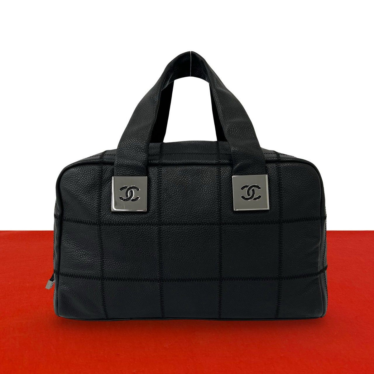 Chanel Choco Bar CC Logo Caviar Leather Mini Boston Bag Black