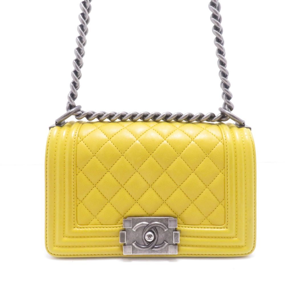 Chanel Boy 20 Quilted Chain Shoulder Yellow Silver Lambskin Bag