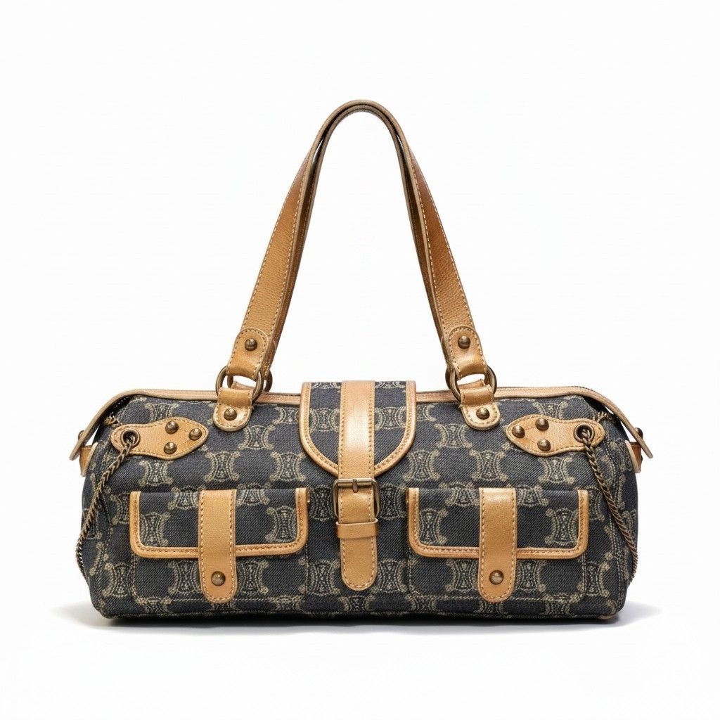 Celine Macadam Pattern Vintage Denim Bag Indigo Orange Beige