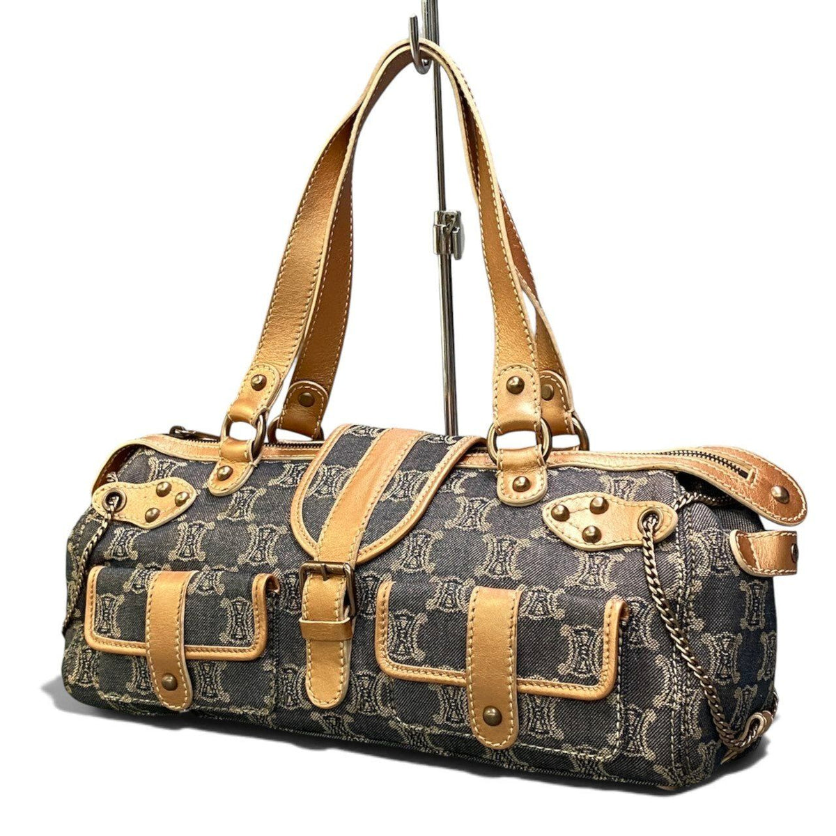 Celine Macadam Pattern Vintage Denim Bag Indigo Orange Beige — view 2