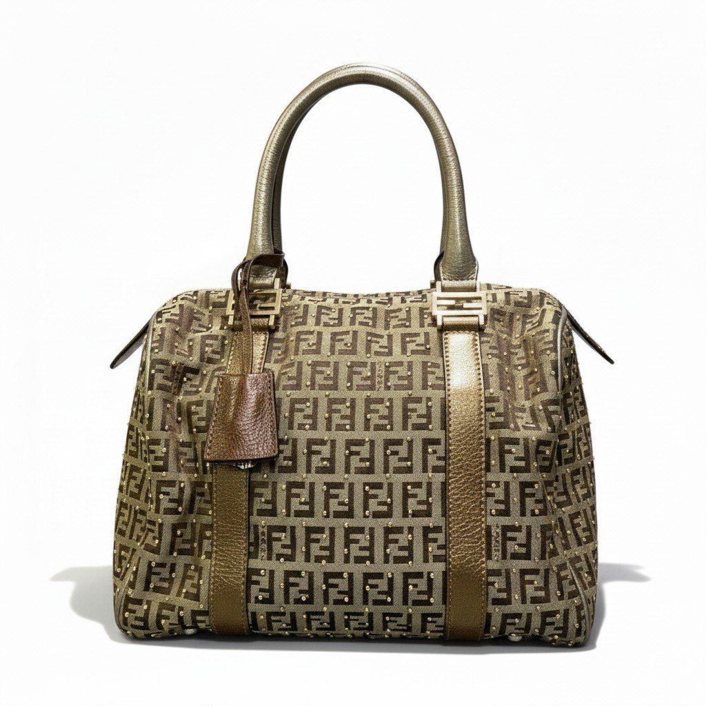 Fendi Zucchino Studded Boston Bag Brown Beige