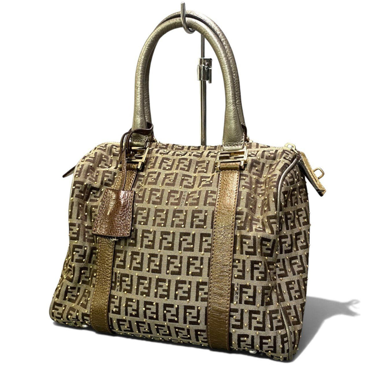 Fendi Zucchino Studded Boston Bag Brown Beige — view 2