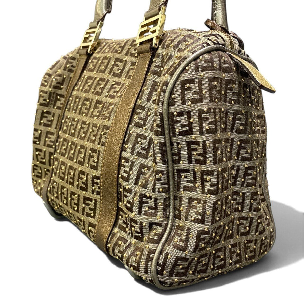 Fendi Zucchino Studded Boston Bag Brown Beige — view 4