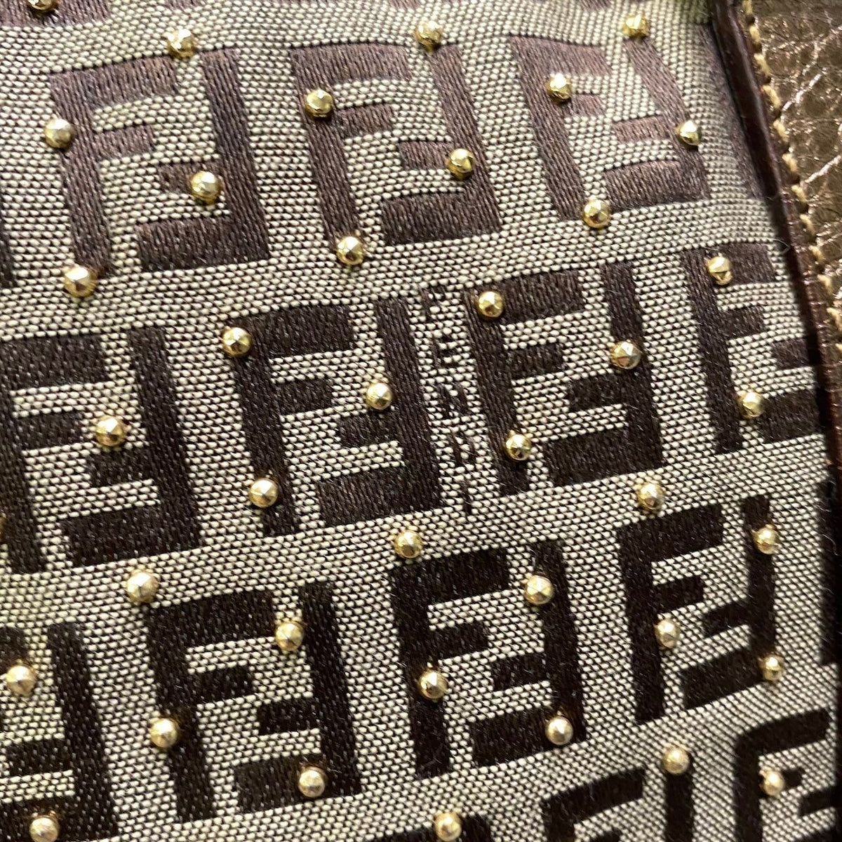 Fendi Zucchino Studded Boston Bag Brown Beige — view 7