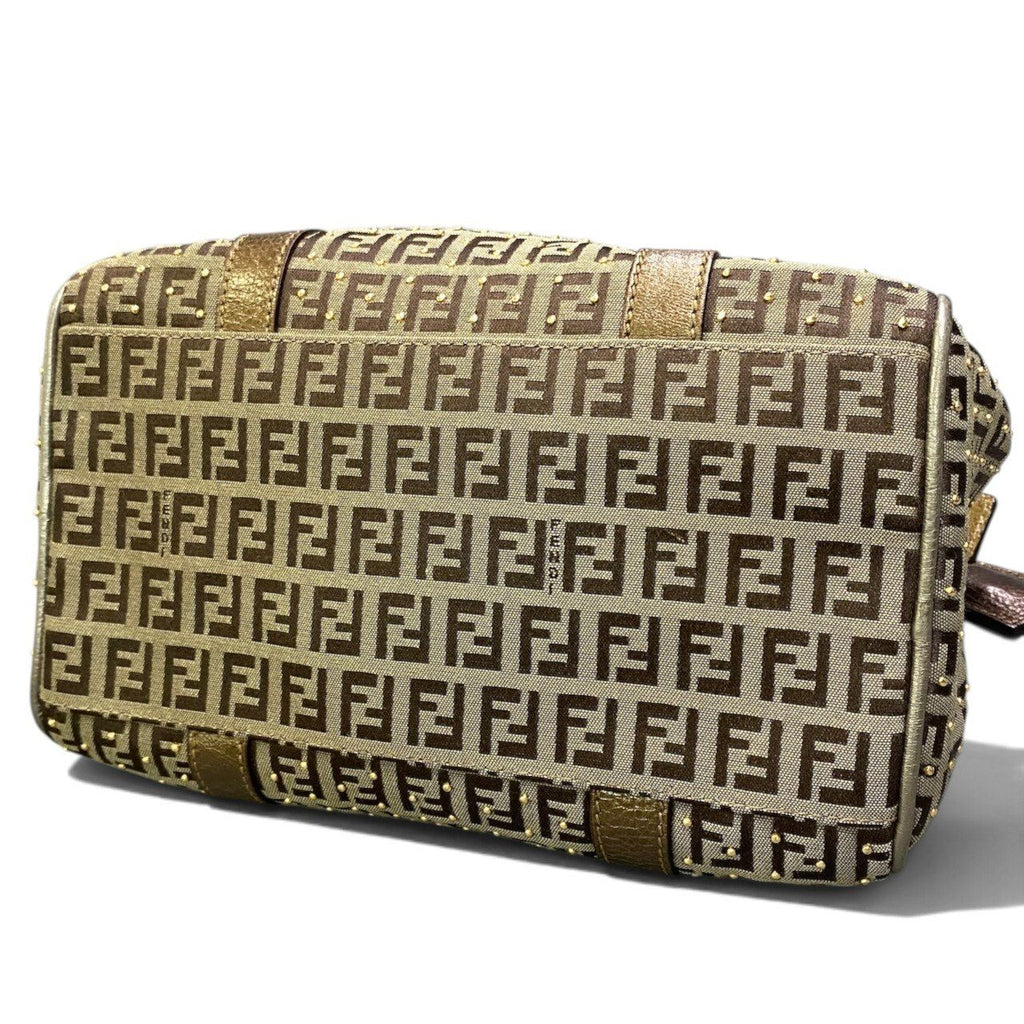 Fendi Zucchino Studded Boston Bag Brown Beige — view 6