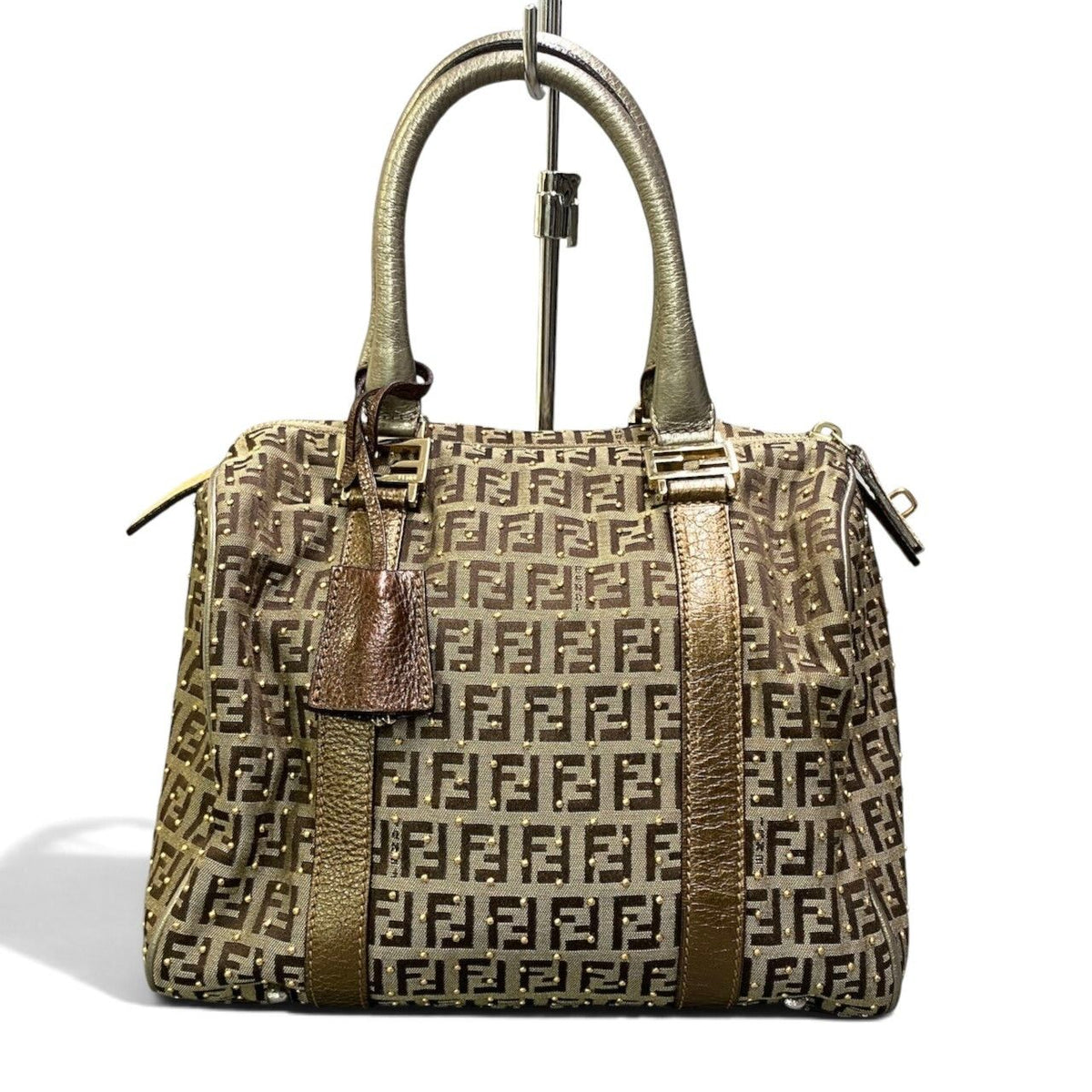 Fendi Zucchino Studded Boston Bag Brown Beige — view 3
