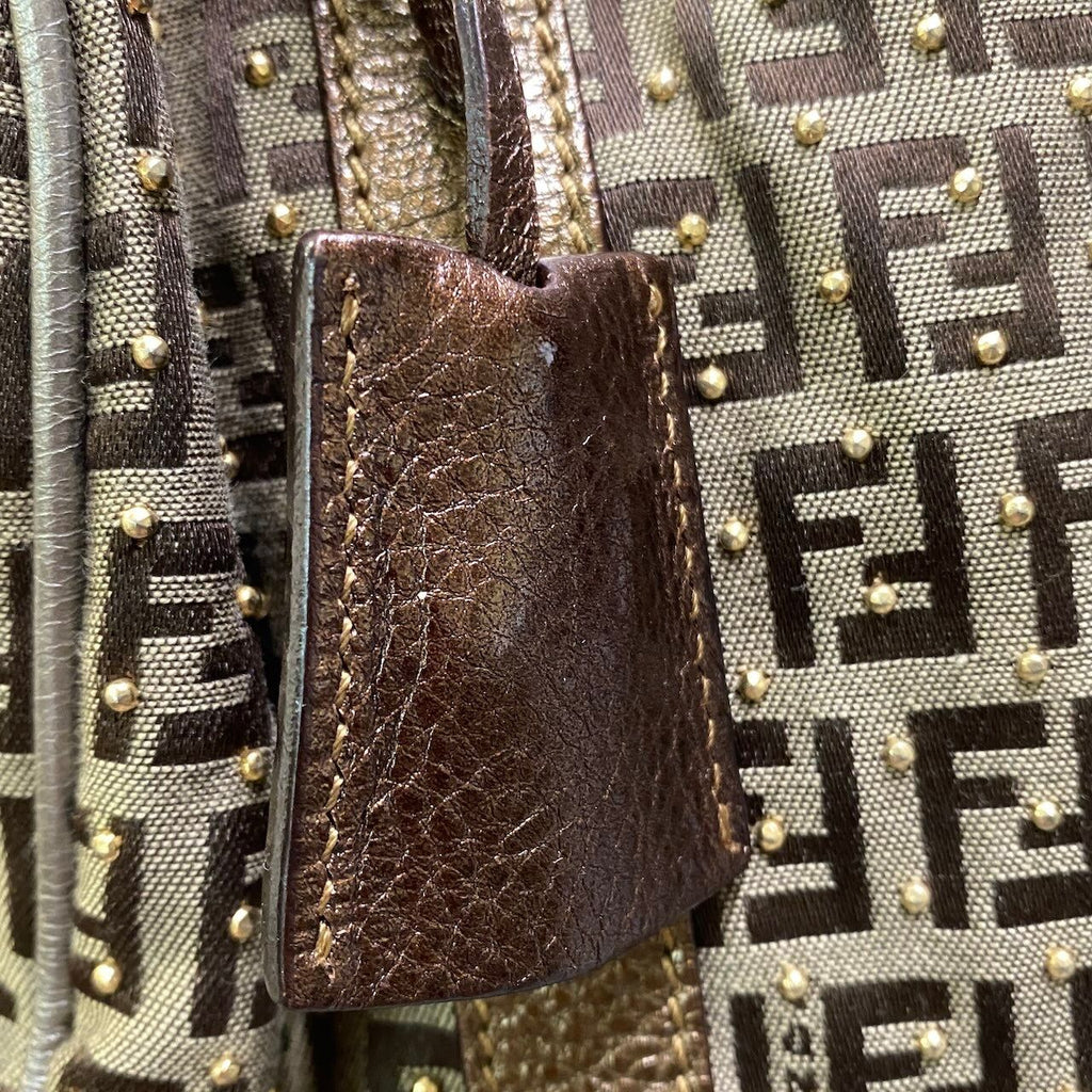 Fendi Zucchino Studded Boston Bag Brown Beige — view 8