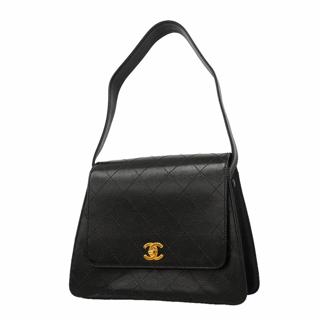 Chanel Shoulder Bag Quilted Caviar Leather Black Gold