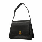 Chanel Shoulder Bag Quilted Caviar Leather Black Gold