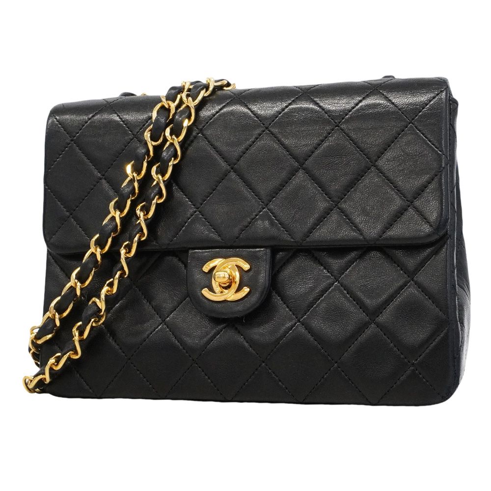 Chanel Shoulder Bag Mini Quilted Lambskin Black Gold
