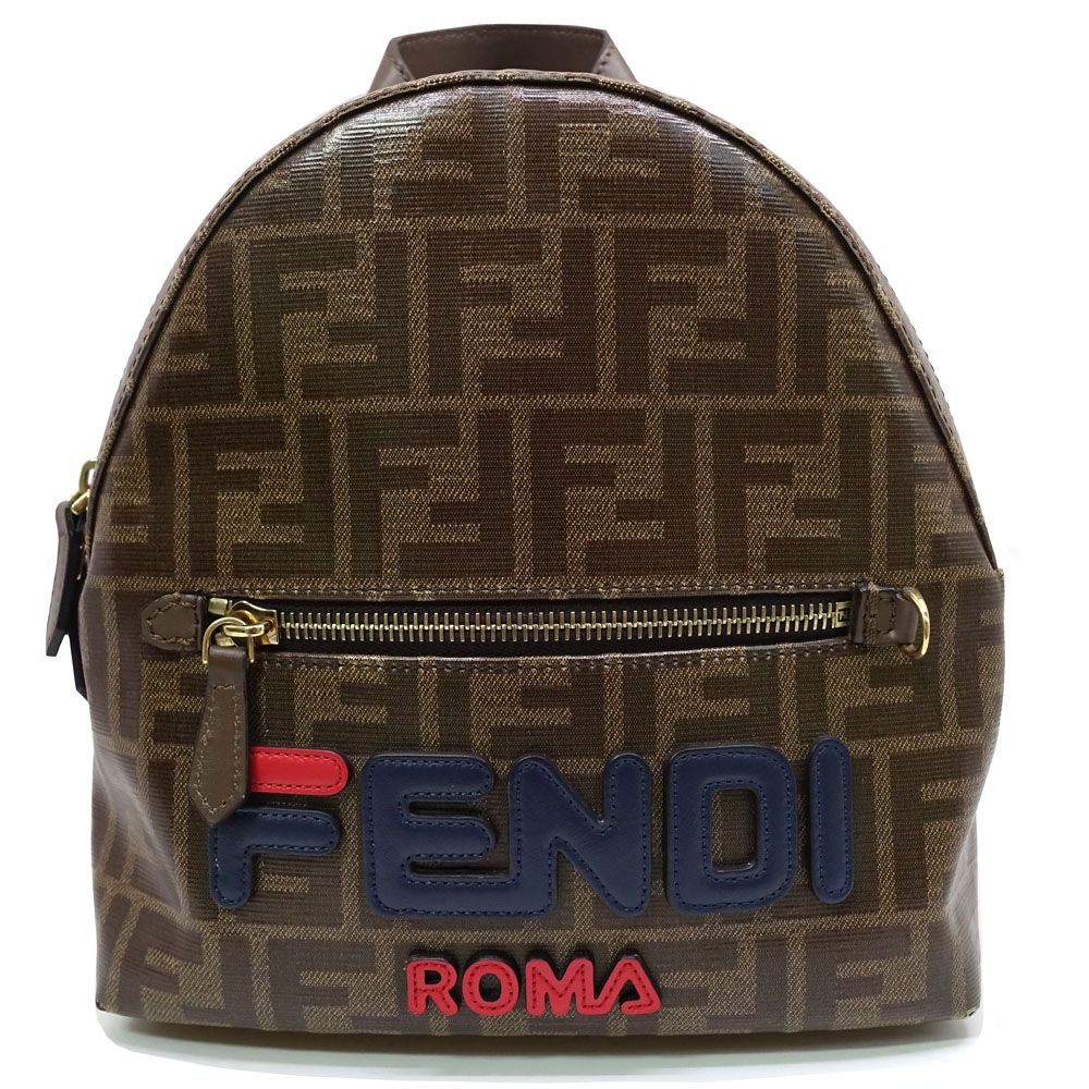 Fendi Backpack Fila Collaboration FF Logo Polyester Leather Brown Gold
