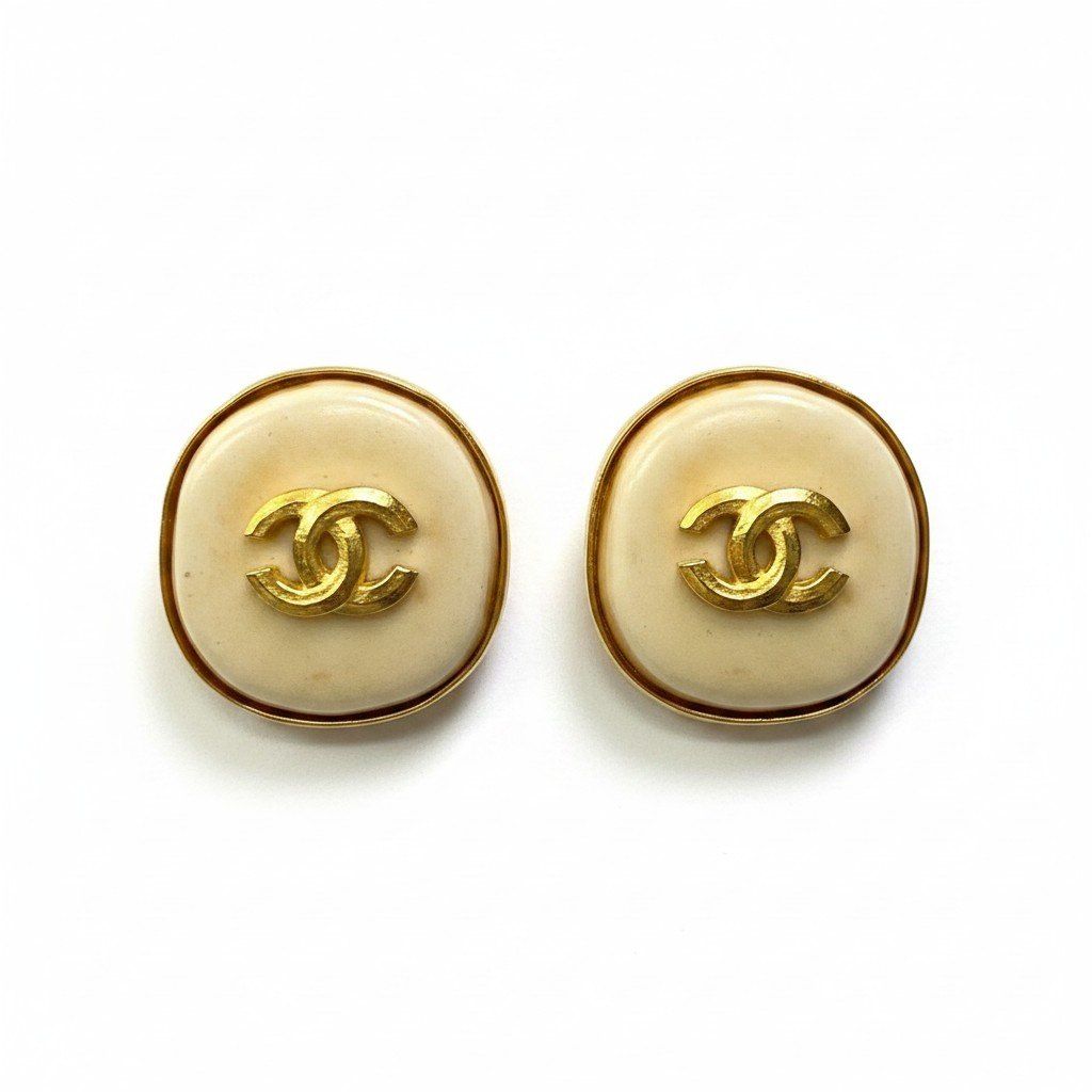 Chanel 98P CC Logo Gold Earrings White