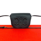 Celine Folco Triomphe Logo Leather Shoulder Bag Pochette Cross Black