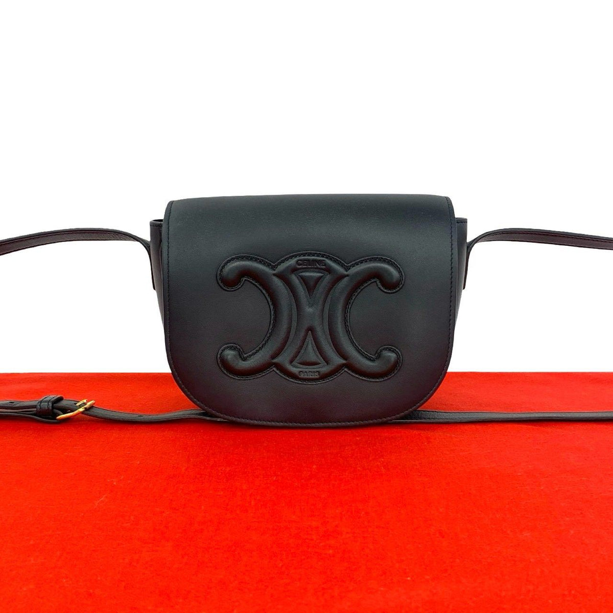 Celine Folco Triomphe Logo Leather Shoulder Bag Pochette Cross Black