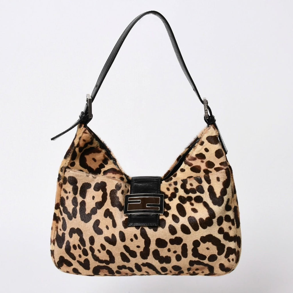 Fendi Mamma Bucket Bag Leopard Calf Hair Leather Brown Silver
