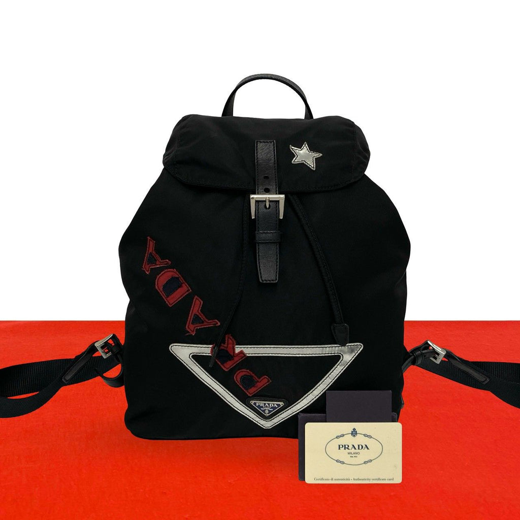 Prada Triangle Logo Tessuto Pocono Nylon Leather Backpack Black