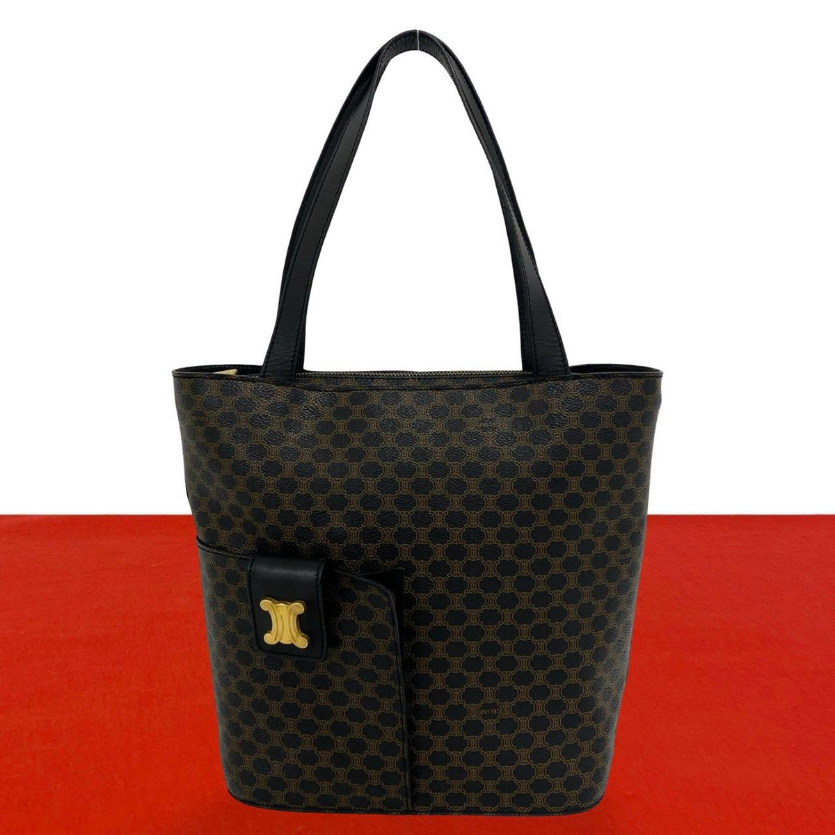 Celine Macadam Blason Triomphe Pattern Logo Leather Tote Black