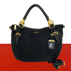 Prada Logo Tessuto Nylon Leather 2-Way Shoulder Bag Tote Black