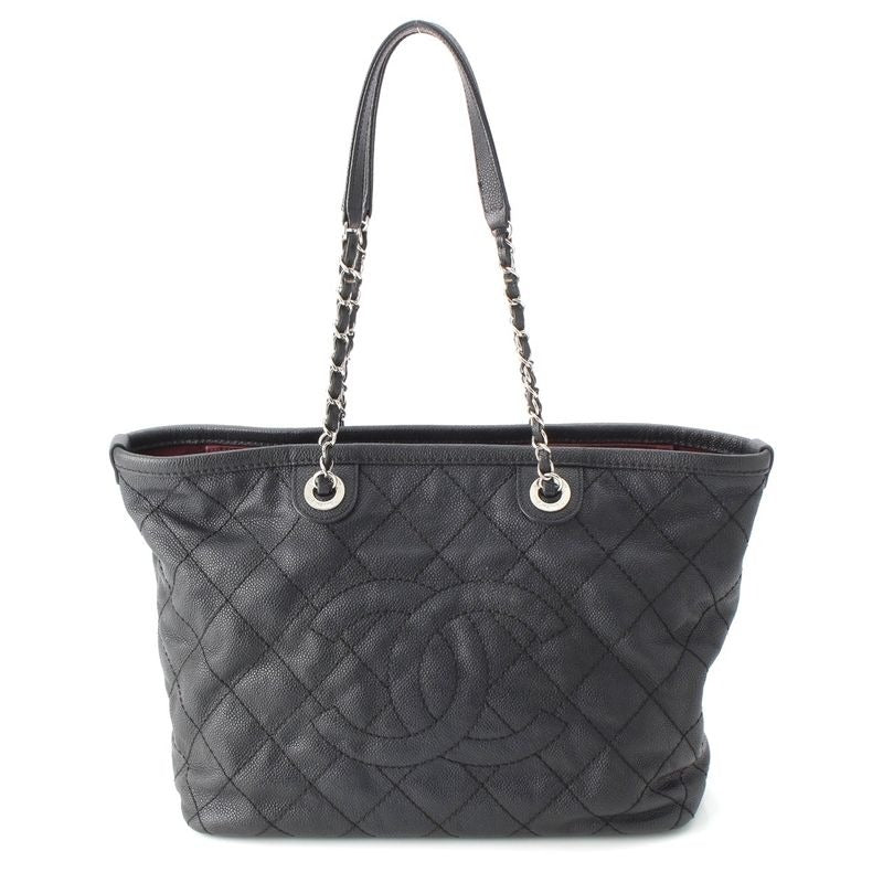 Chanel Caviar Leather Quilted Chain Shopping Tote Bag Black
