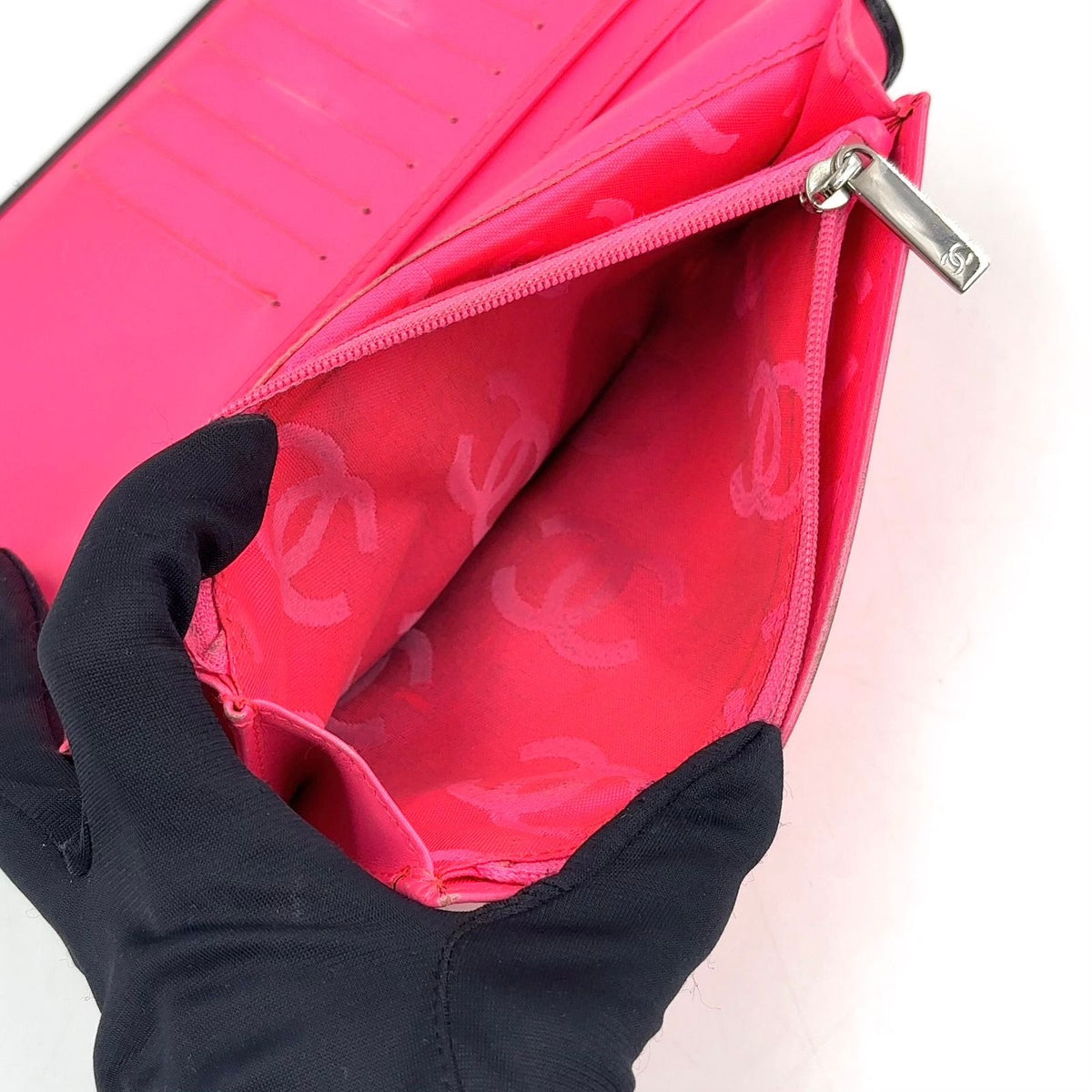 Chanel Cambon Line CC Logo Patent Leather Pink Black Bifold Wallet Silver — view 8