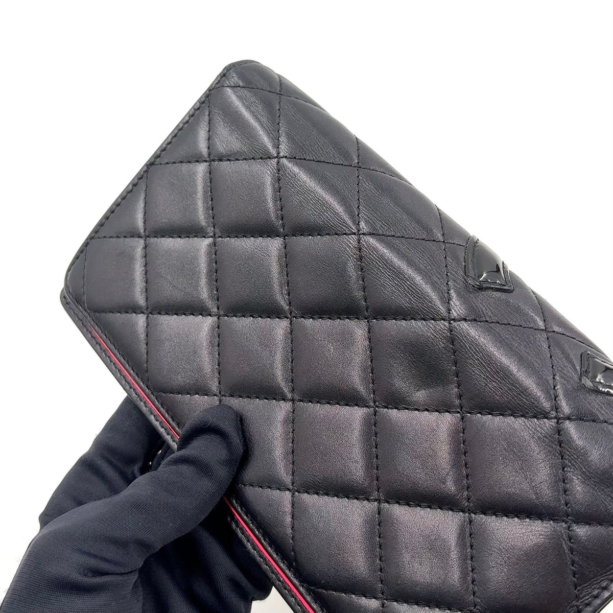 Chanel Cambon Line CC Logo Patent Leather Pink Black Bifold Wallet Silver — view 6
