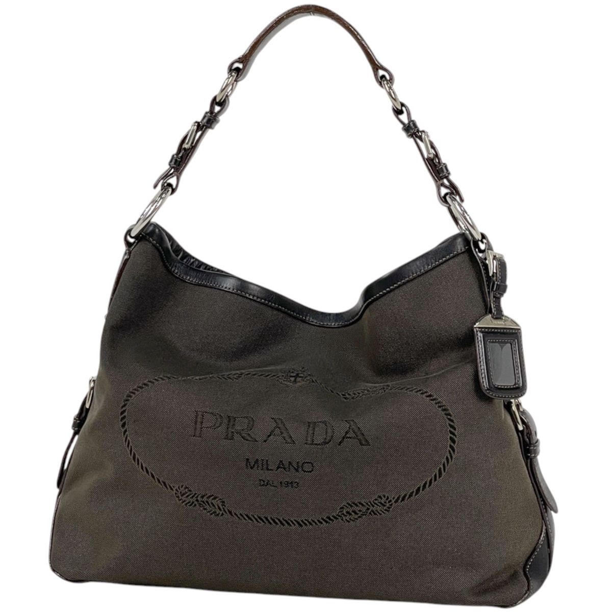 Prada Shoulder Bag Logo Jacquard Canvas Brown