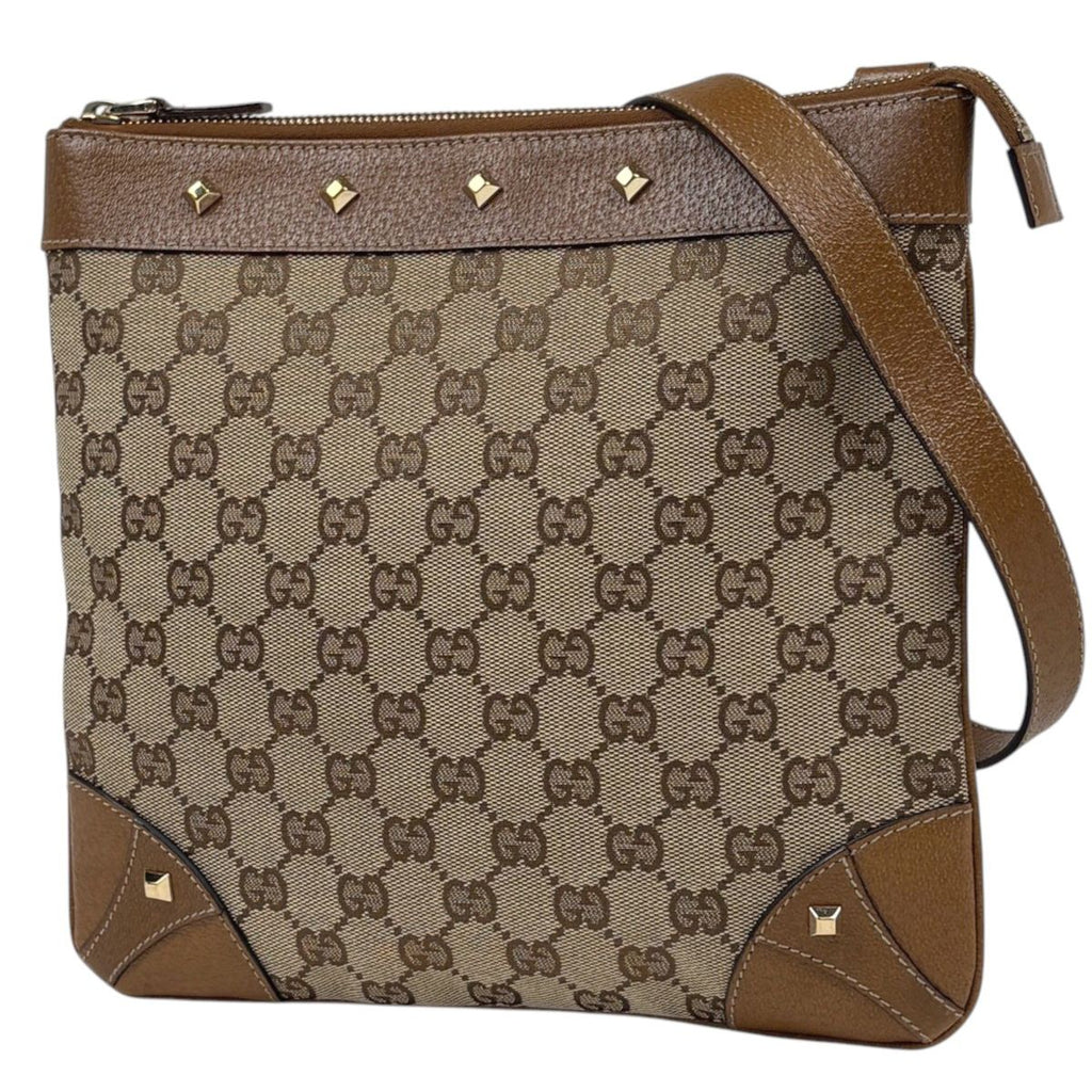 Gucci Shoulder Bag GG Pattern Studs Canvas Beige Brown