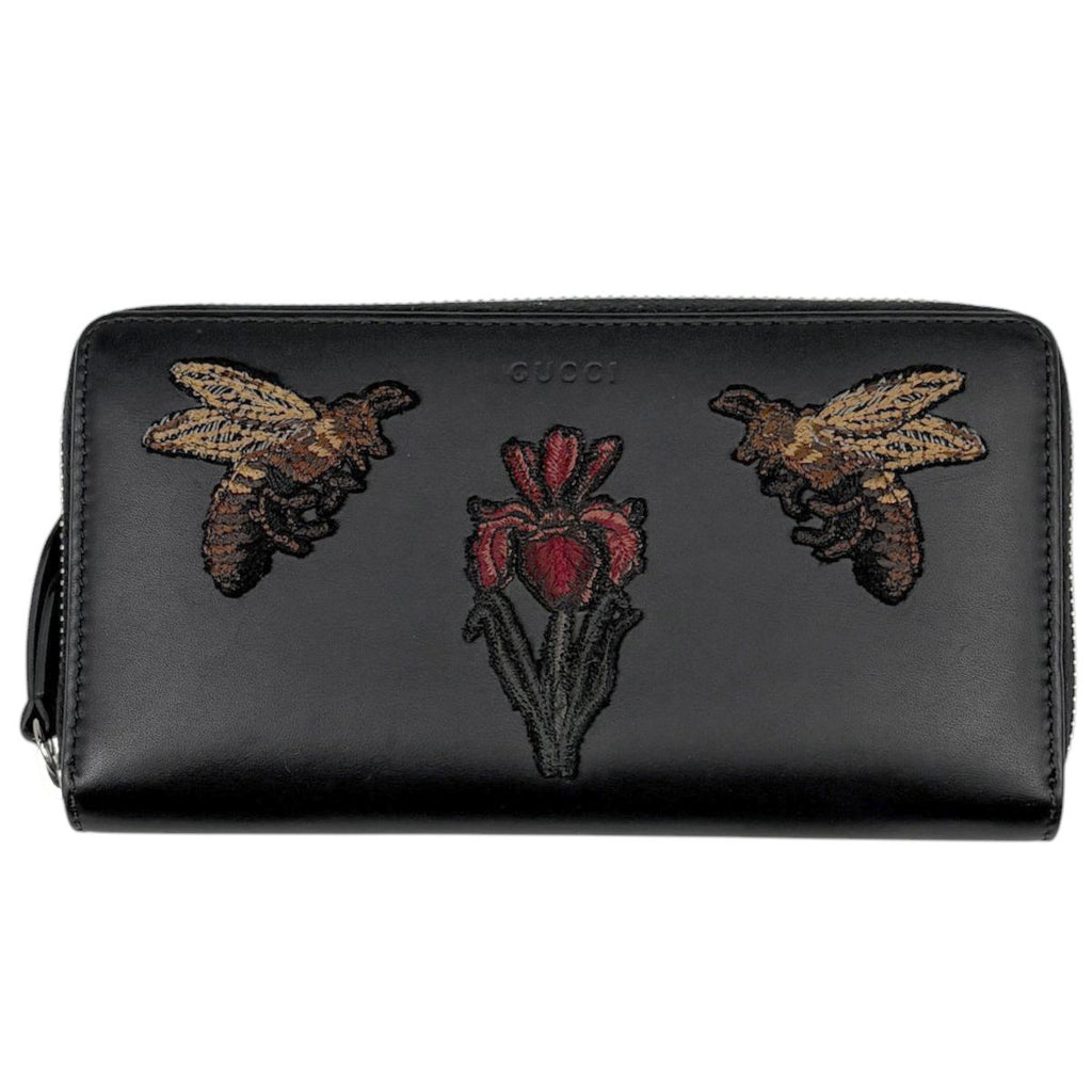 Gucci Wallet Embroidery Round Zip Leather Black
