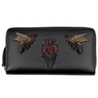 Gucci Wallet Embroidery Round Zip Leather Black