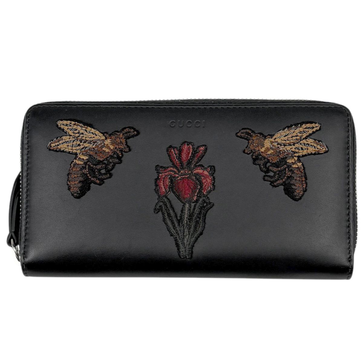 Gucci Wallet Embroidery Round Zip Leather Black